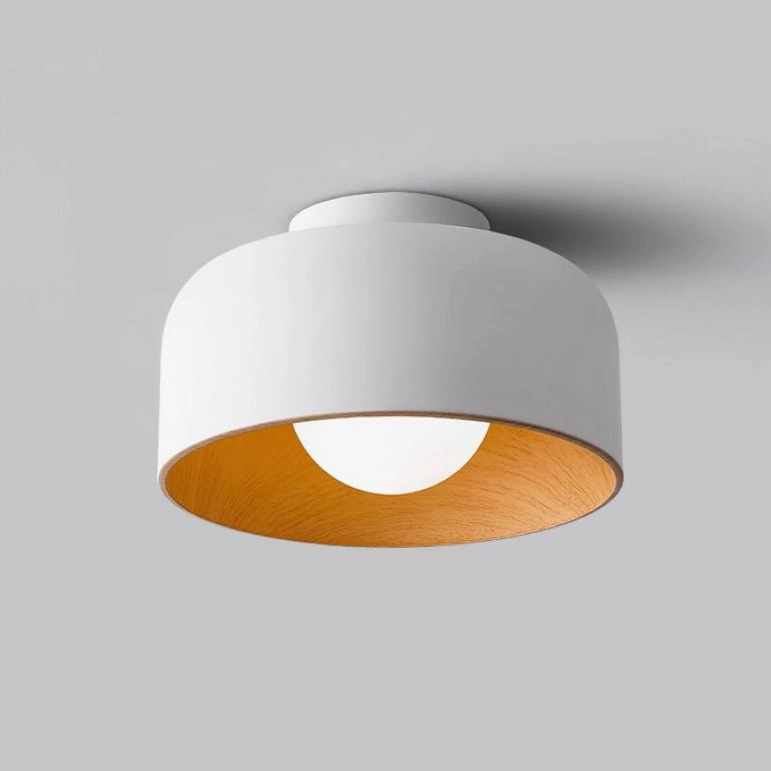Folkio ceiling light in white matte finish with warm wood inner base, studio close-up photography