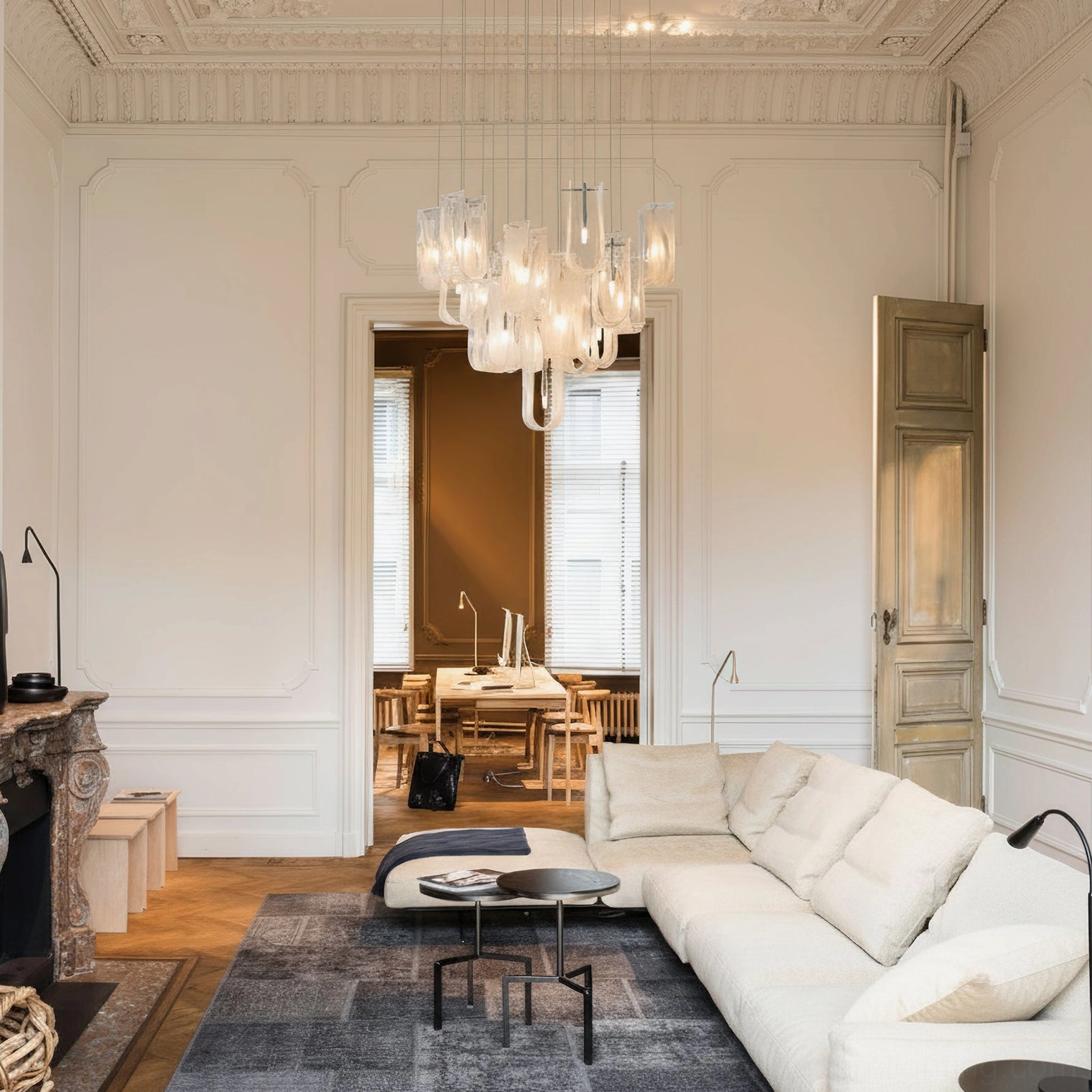 Fontaine sculptural pendant chandelier in French neoclassical luxury living room with neutral elegant decor