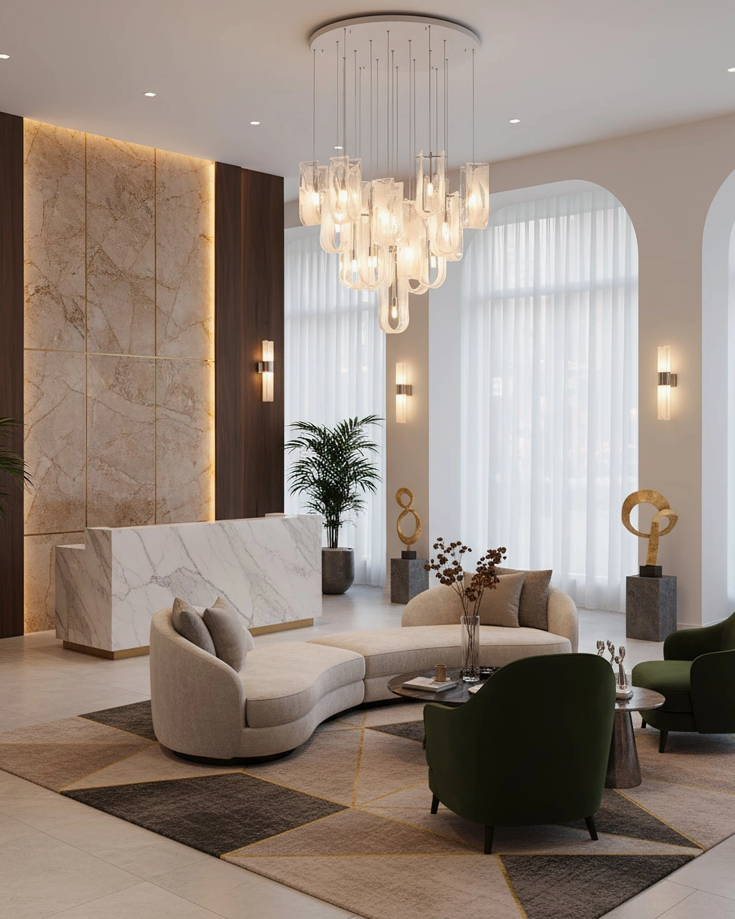 Fontaine cascading glass chandelier in modern open-plan living space with marble accents and curved wall design