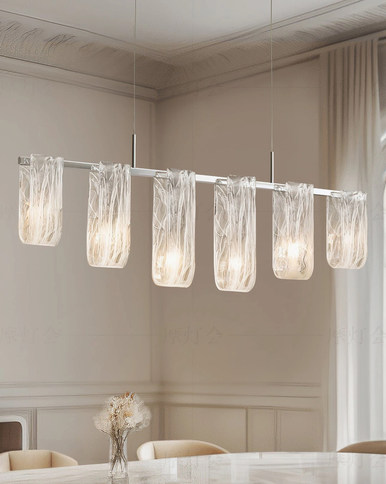 Fontaine glass chandelier suspended installation showing metal frame and glass pendant arrangement, LED bulb compatibility
