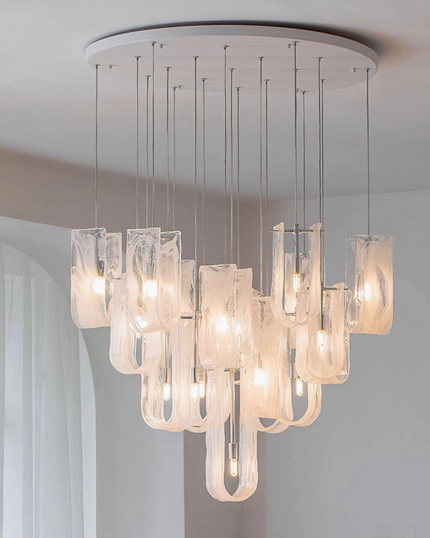 Fontaine modern glass pendant chandelier with white metal finish, elegant fixture for contemporary interior design