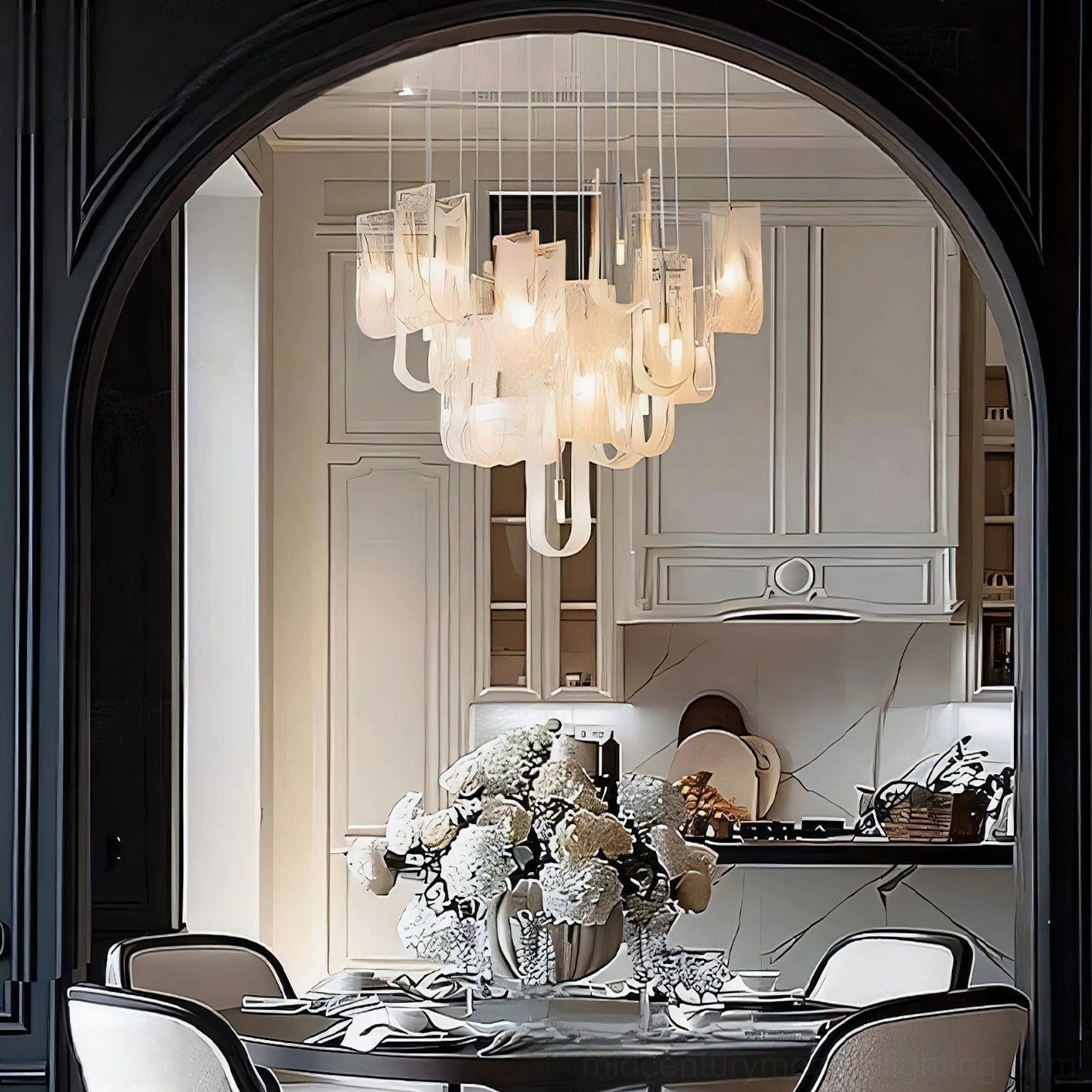 Fontaine cascading pendant chandelier creating ambient lighting effect with warm glow through frosted glass shades
