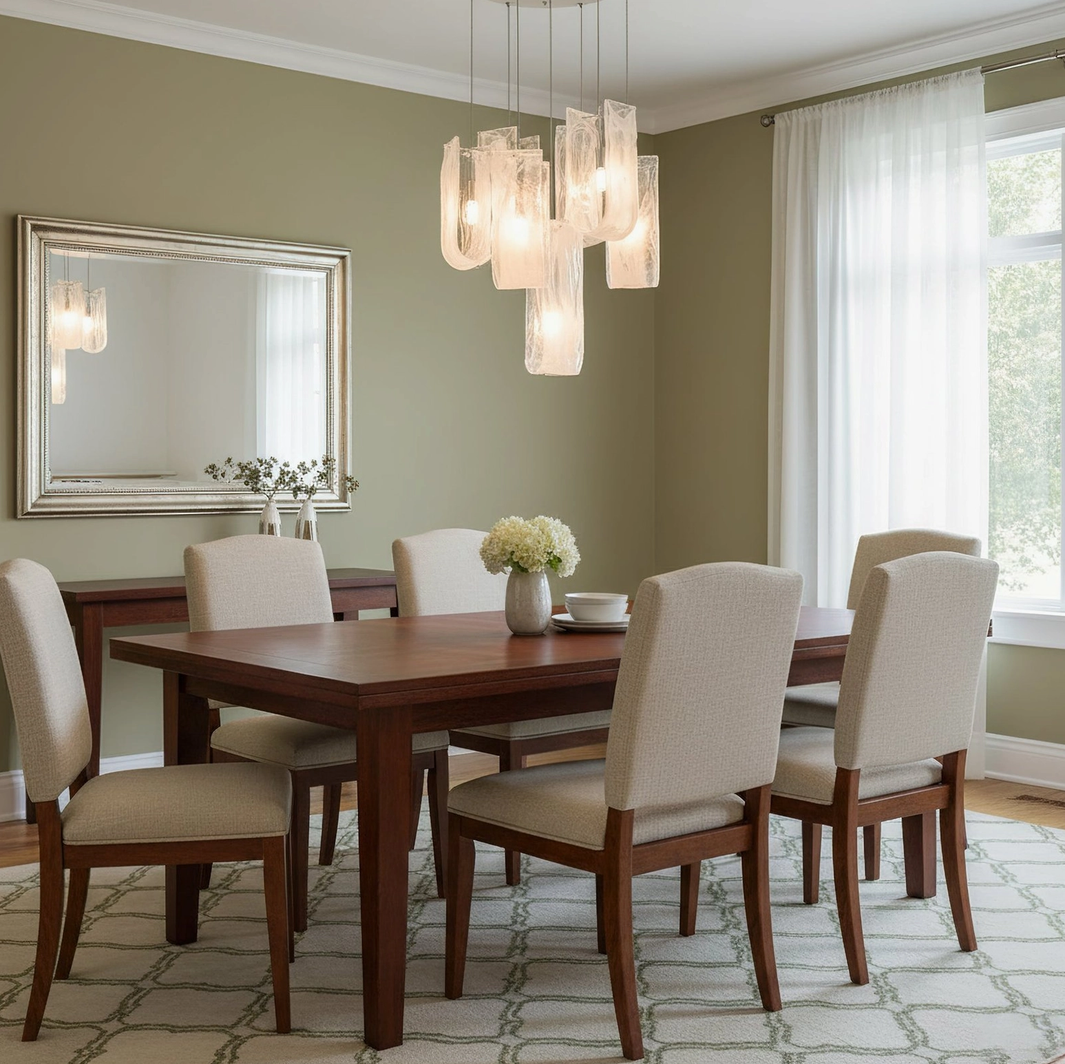 Fontaine sculptural pendant lighting in classic wooden dining room with green accent walls and floral centerpiece
