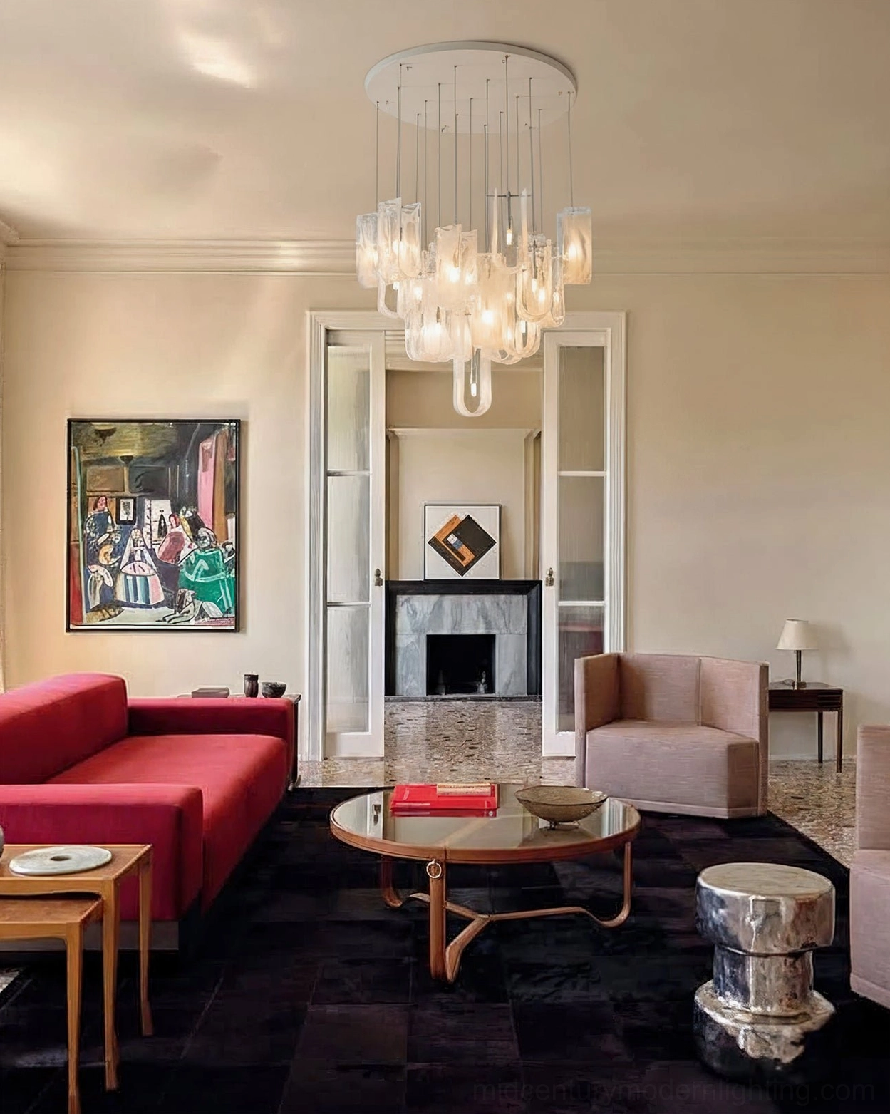 Fontaine glass pendant chandelier in French classic living room with fireplace, warm ambient lighting in traditional interior