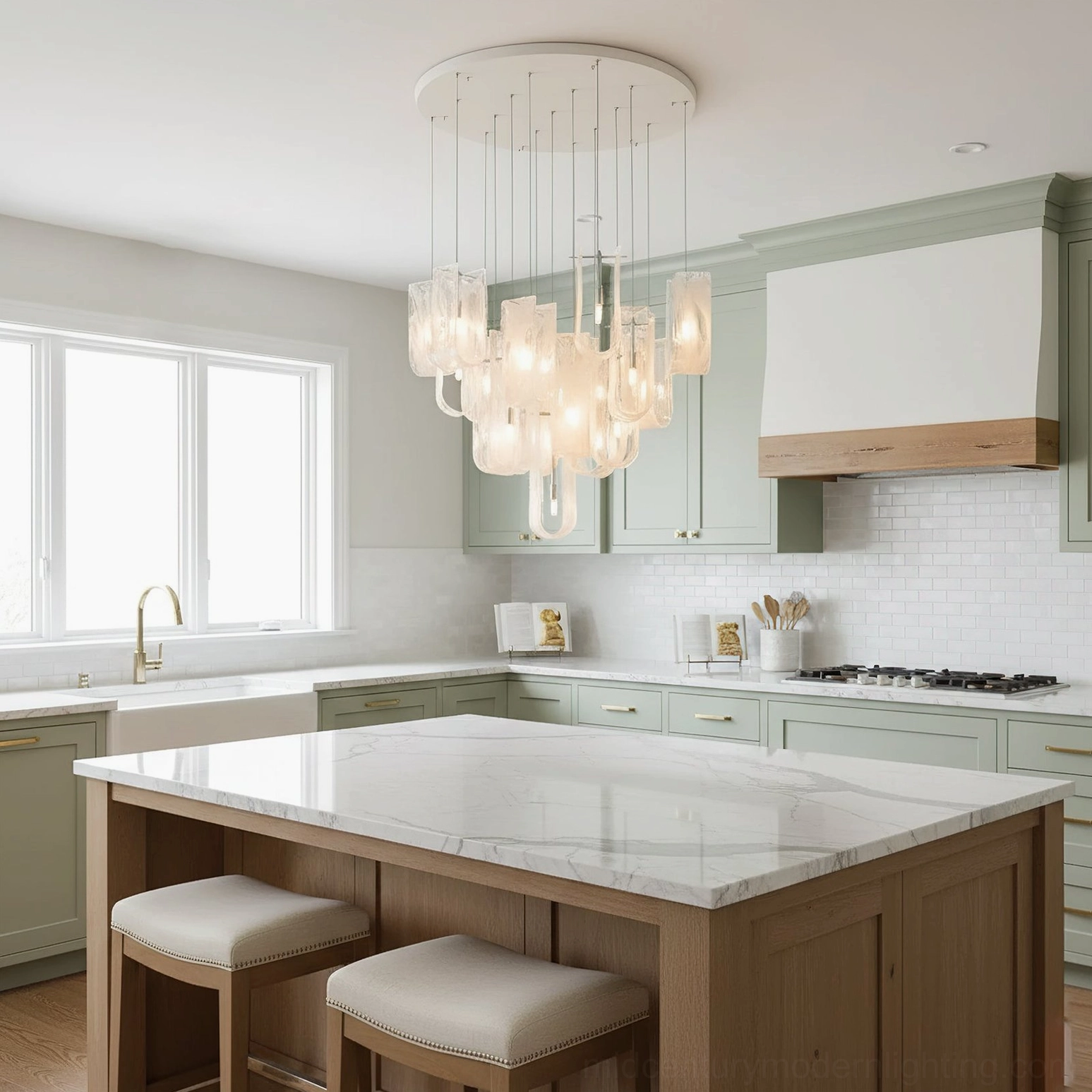 Fontaine modern farmhouse kitchen chandelier with sage green cabinetry and marble island, pendant lighting installation