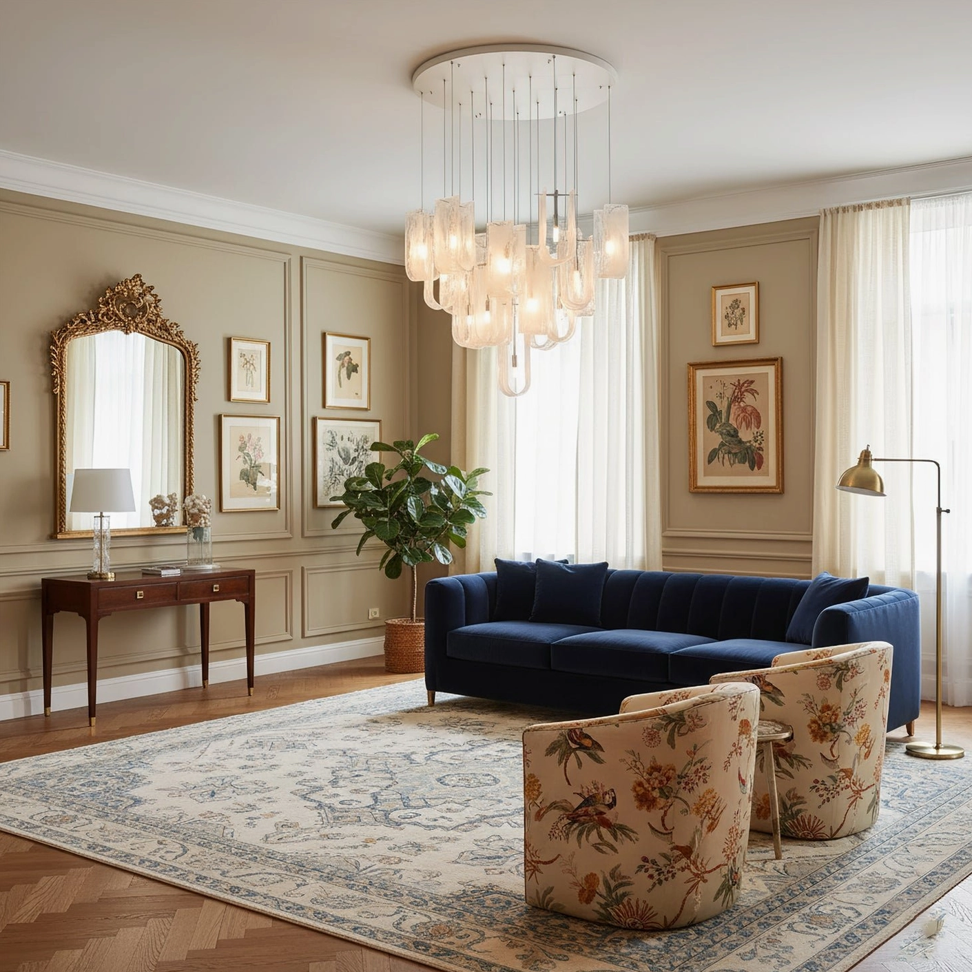 Fontaine sculptural glass chandelier in elegant living room with navy sofa and ornate mirror, sophisticated lighting design