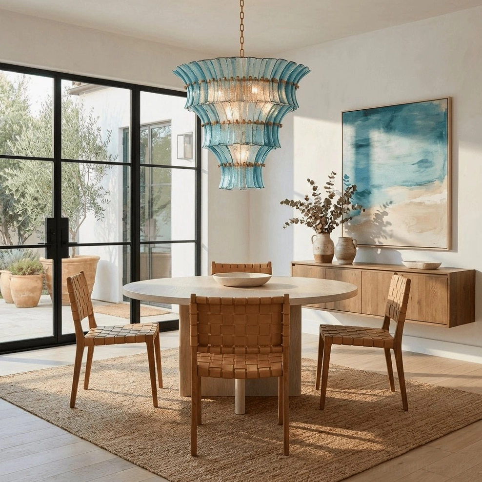Blue tiered Fontana glass chandelier in coastal casual dining room with round wooden table and beachfront windows