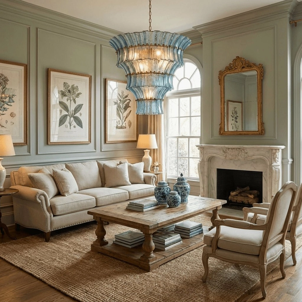 Blue Fontana tiered glass chandelier in formal traditional living space with fireplace, sage green wall panels, and vintage gold mirror