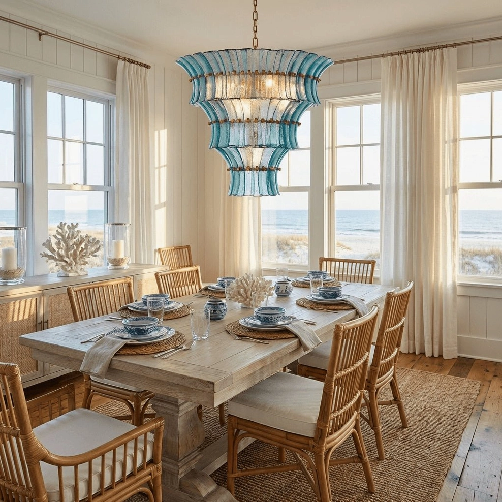 Blue tiered Fontana glass chandelier in beachfront dining space with long wooden dining set and ocean view windows