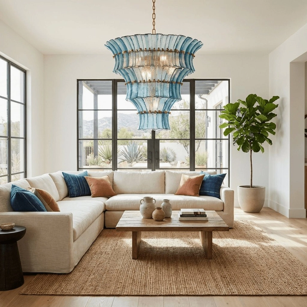 Deep blue tiered fluted glass Fontana chandelier in bright modern farmhouse living room with linen sectional sofa
