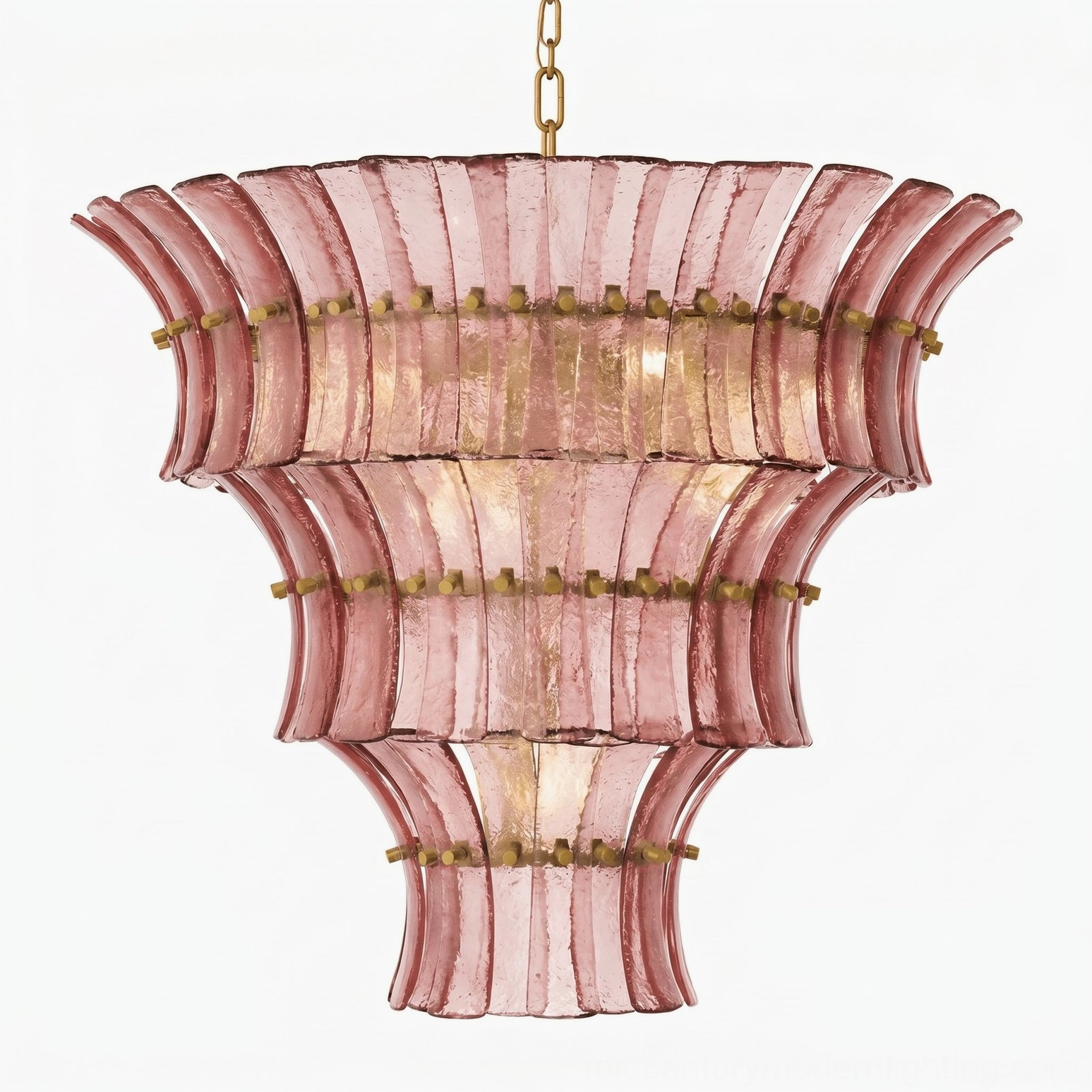Blush pink tiered Fontana glass chandelier in contemporary interior with soft ambient lighting