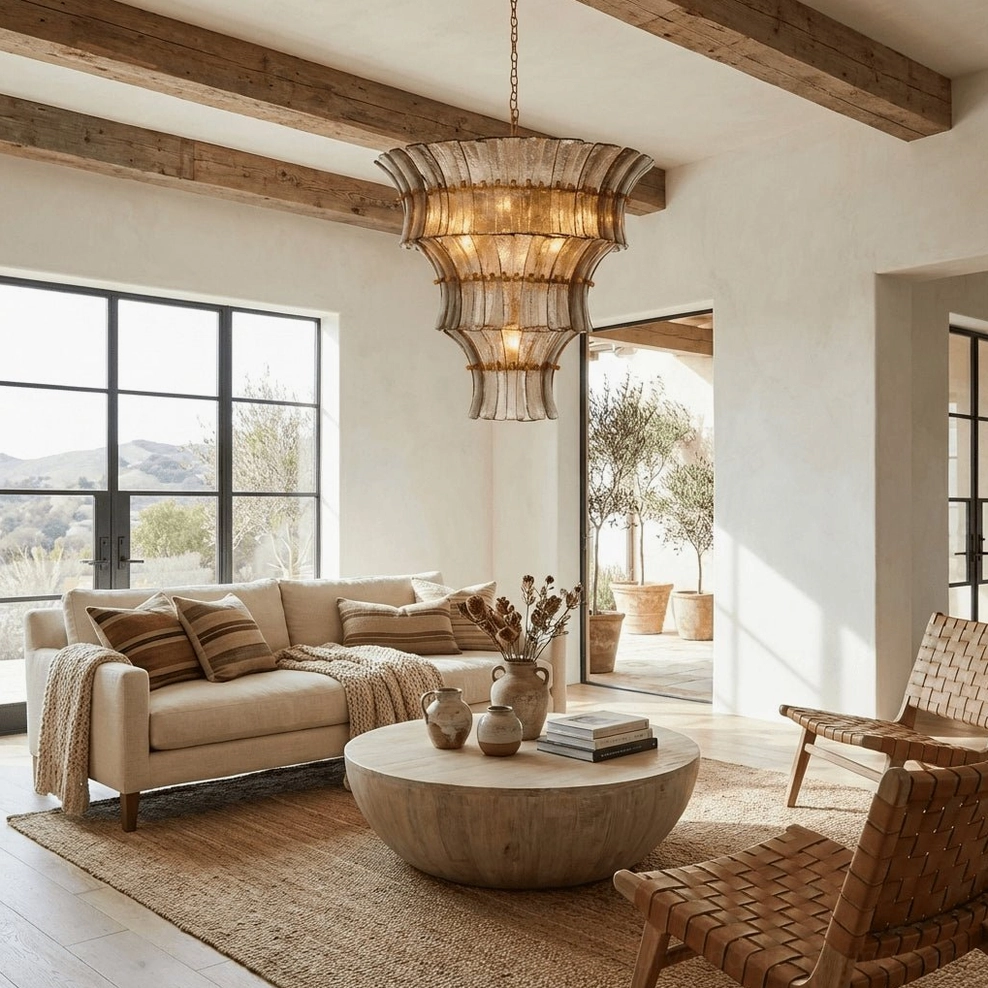 Fontana tiered glass chandelier in casual farmhouse living room with woven leather seating and round wooden coffee table