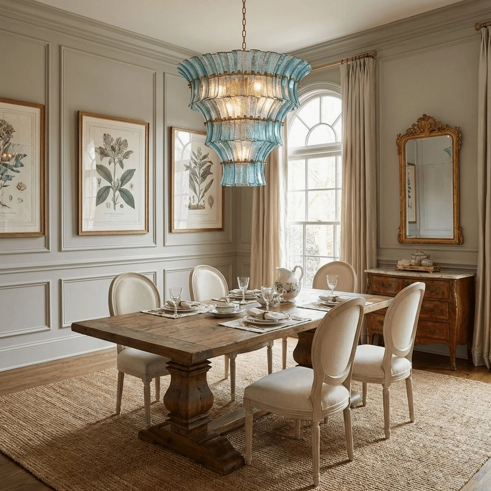 Deep blue Fontana tiered glass chandelier in formal dining room with wooden pedestal table and upholstered dining chairs