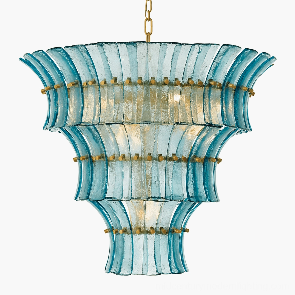 Deep blue Fontana tiered glass chandelier in traditional interior with refined furnishings