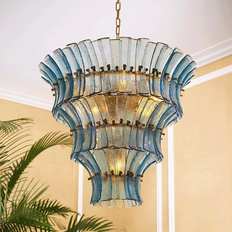 Fontana tiered glass chandelier showing geometric glass tiers and metal frame construction detail