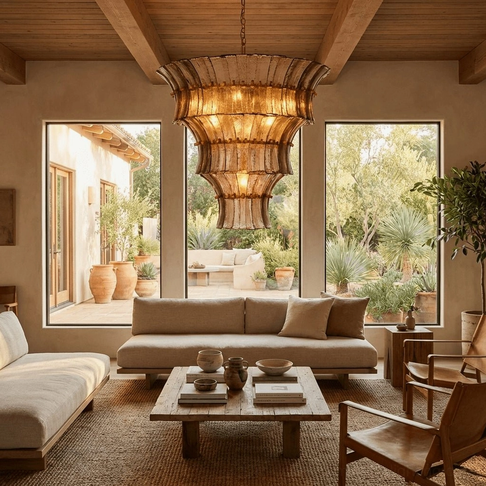 Fontana tiered glass chandelier hanging in Mediterranean-style living space with rustic wooden beam ceiling