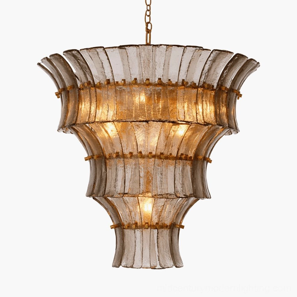 Smoky gray Fontana tiered glass chandelier in minimalist contemporary interior design setting