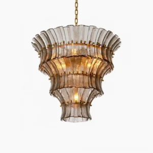 Fontana tiered glass chandelier with smoky gray fluted glass tiers and metal frame, front studio view