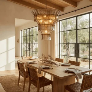Warm-toned Fontana tiered glass chandelier illuminated in farmhouse dining room with natural wood table and black grid windows