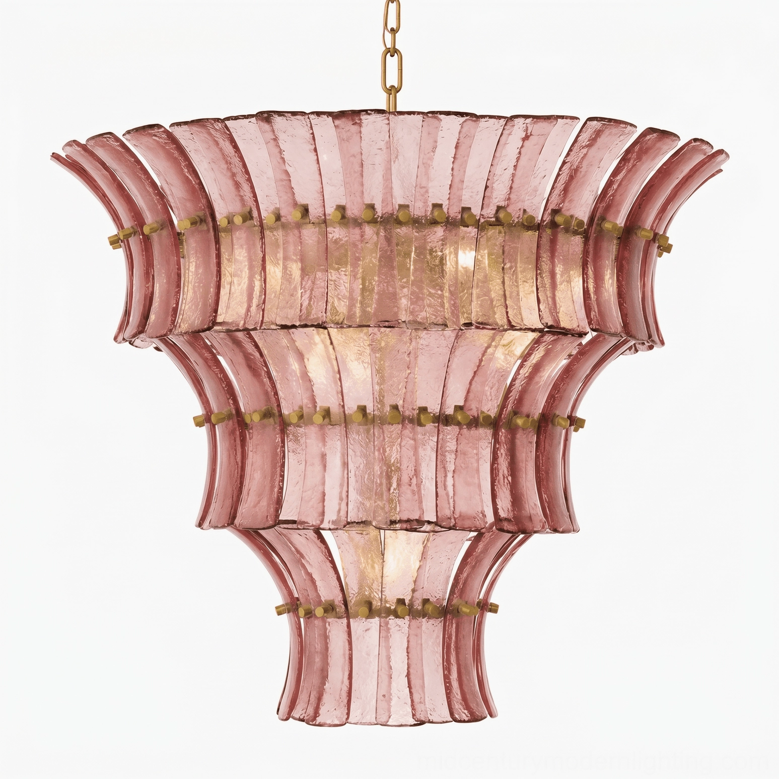 Fontana tiered glass chandelier at night showing light refraction through glass tiers and ambient illumination