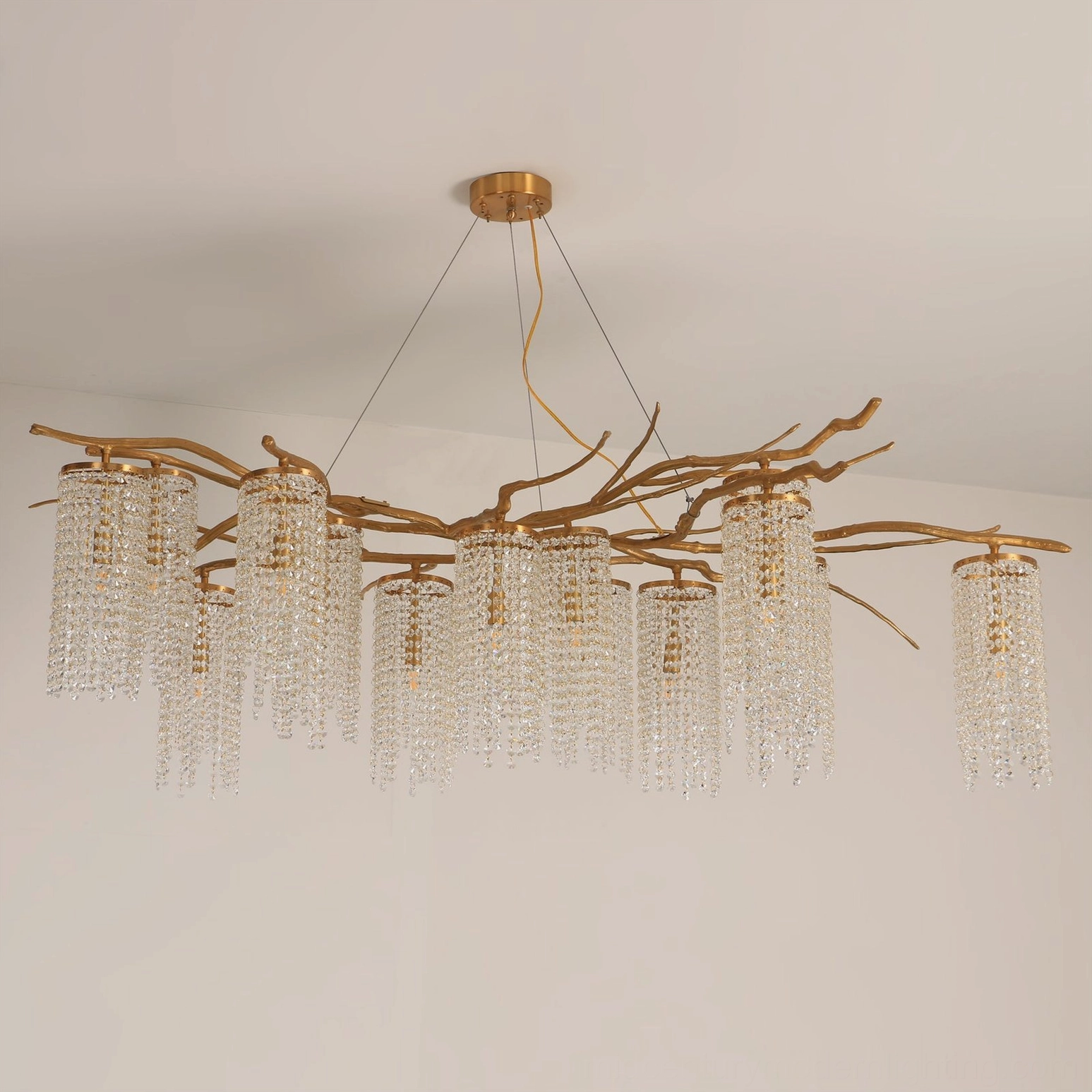 Forest Dawn Chandelier 14-bulb configuration showing cascading crystal pendants and brass framework design