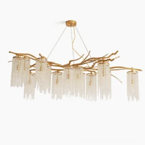 Forest Dawn Crystal Branch Chandelier overhead studio view with antique brass frame and clear crystal cylinder pendants
