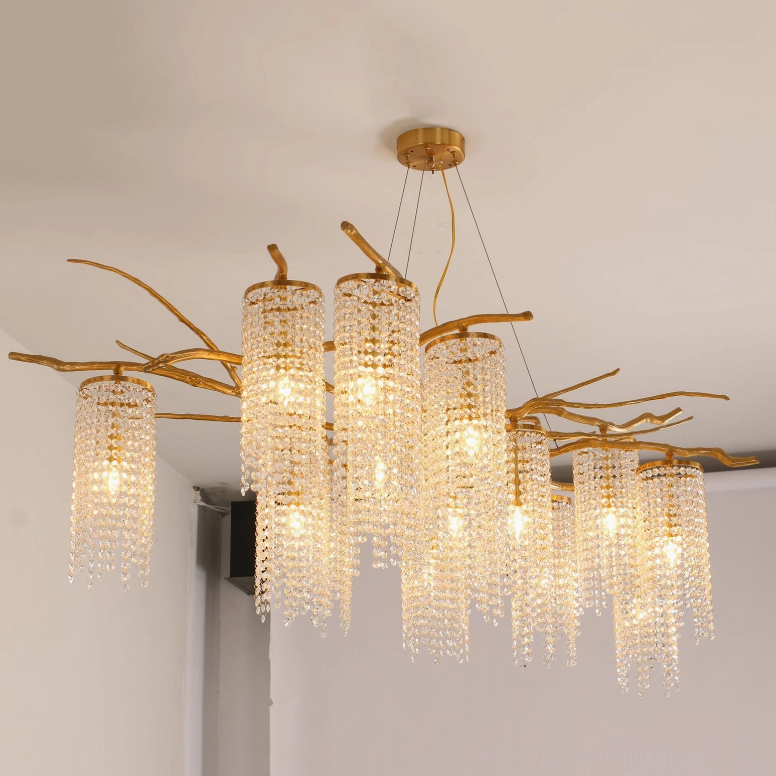 Forest Dawn Crystal Chandelier ambient room lighting demonstration with elegant brass and crystal composition