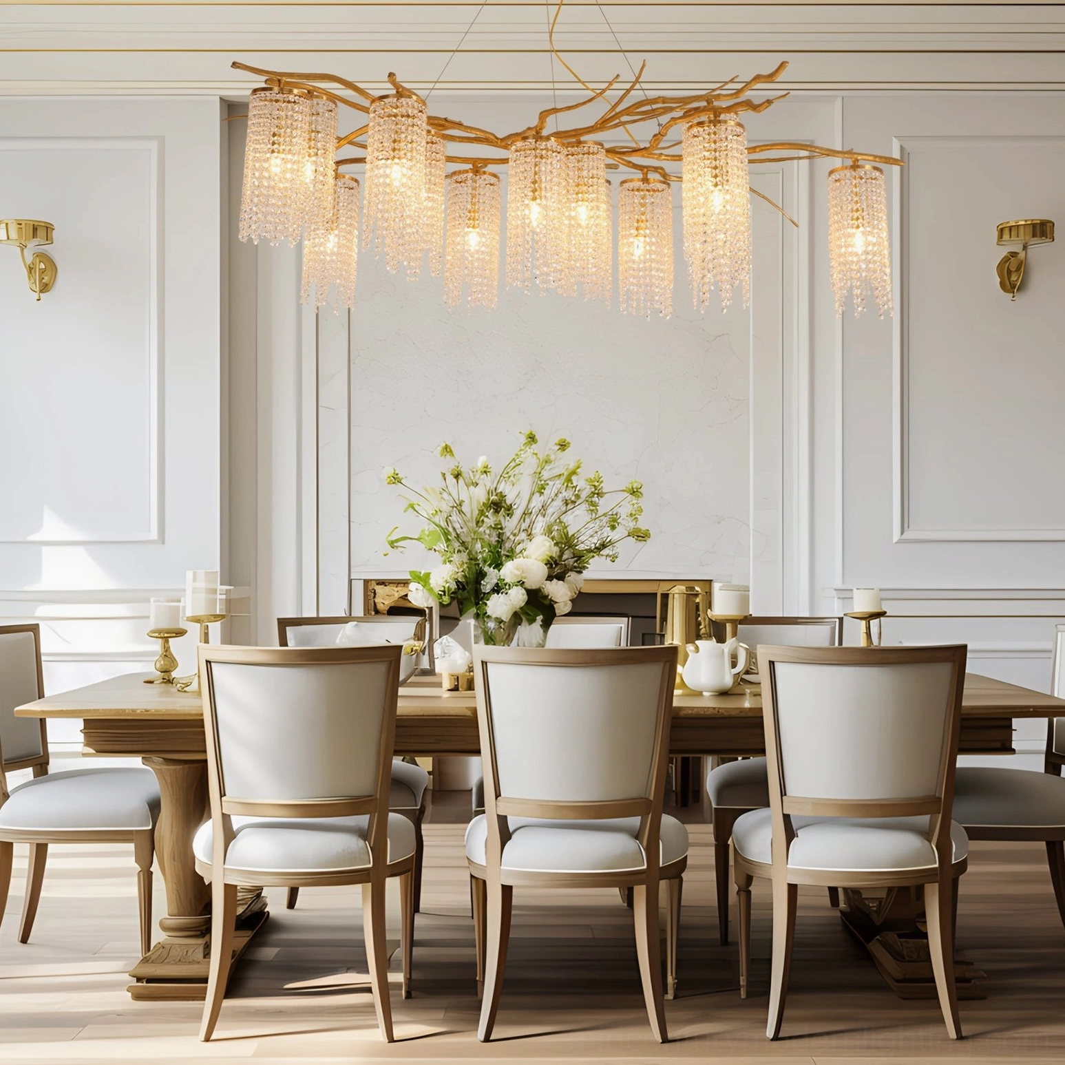 Forest Dawn Crystal Chandelier in luxury formal dining room with neutral home furnishings and elegant ambiance