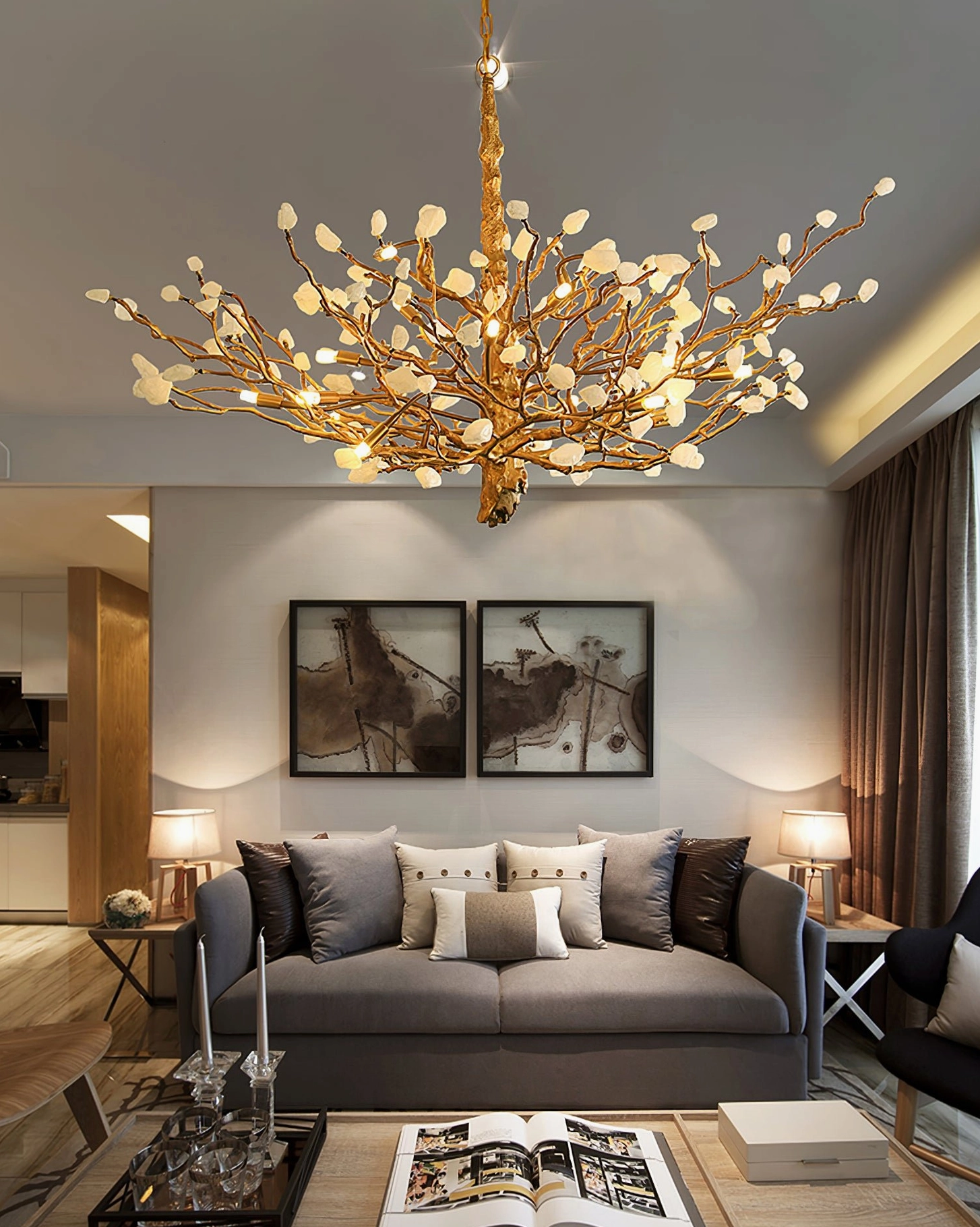 Formal modern living room overhead view brass gemstone chandelier with gilded metal and crystal bud details