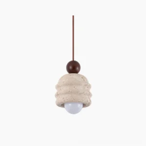 Fossil travertine pendant light with walnut wood sphere, front studio view showing beige spiral texture and dark wood accent on white background