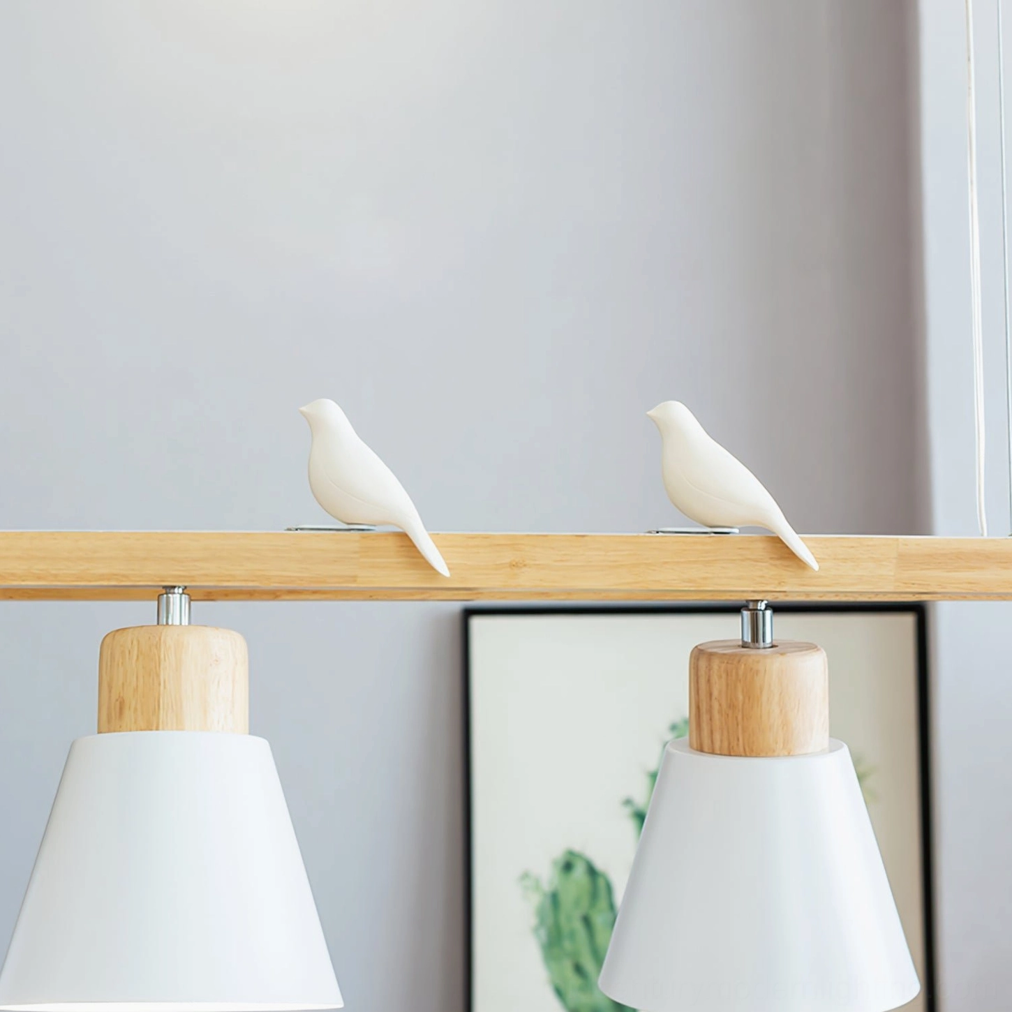 Four-head wooden cone pendant chandelier with sculptural bird ornaments and warm minimalist styling