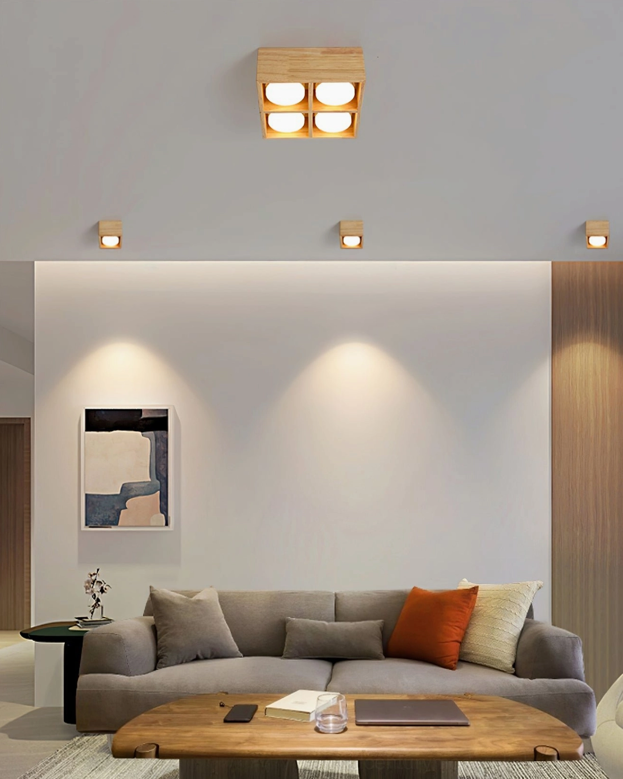 4-head modular wooden ceiling lamp installed in contemporary interior space, demonstrating scalable design versatility
