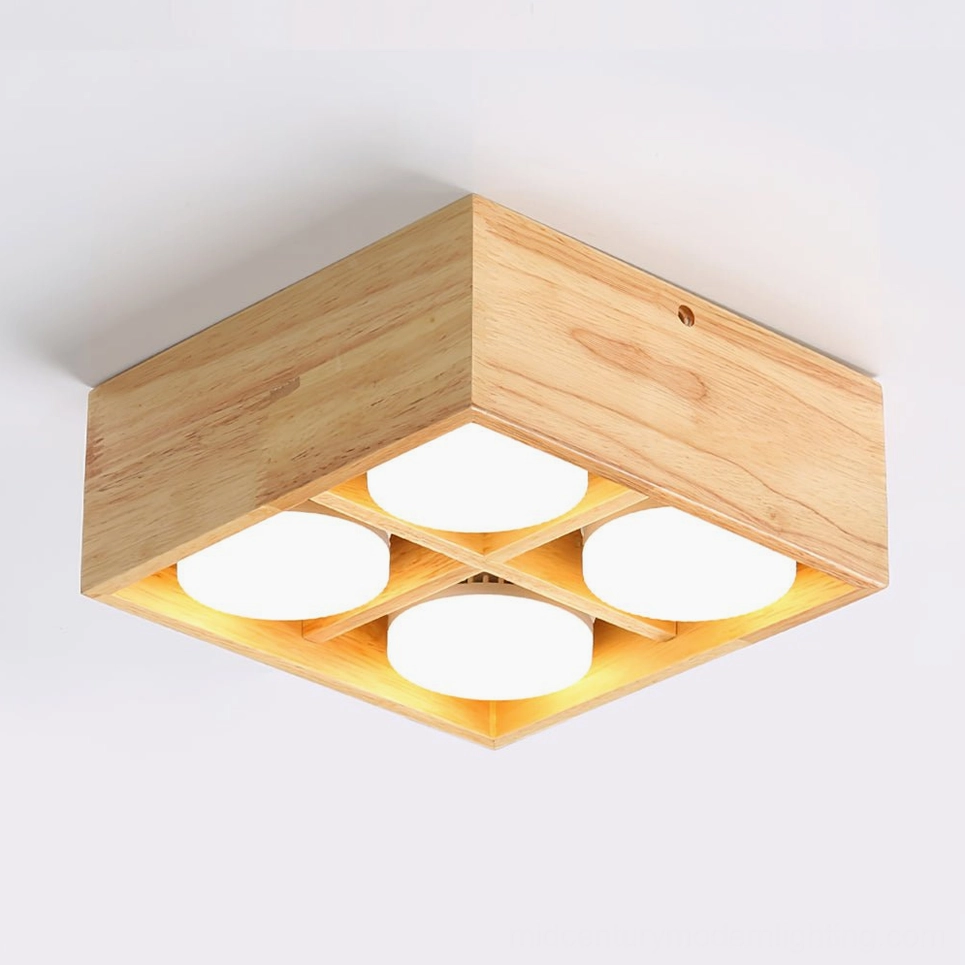 4-head rubber wood modular ceiling lamp, full product view demonstrating large room coverage and scalable design