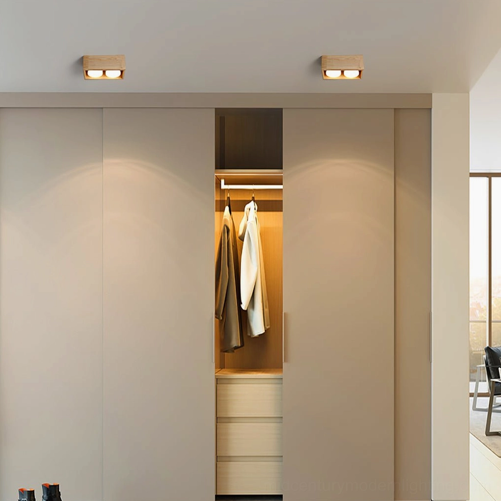 4-head solid wood square ceiling lamp, bottom view showing white acrylic diffuser and modular construction detail