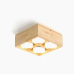 4-head solid wood square ceiling lamp with white acrylic diffuser, overhead studio view showcasing Nordic minimalist design