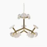 Fractal branch chandelier gold metal frame with ribbed glass shades overhead studio view