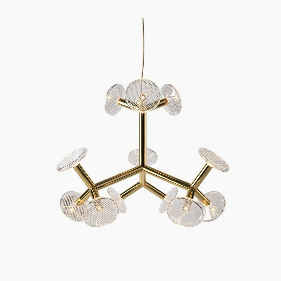 Fractal branch chandelier gold metal frame with ribbed glass shades overhead studio view