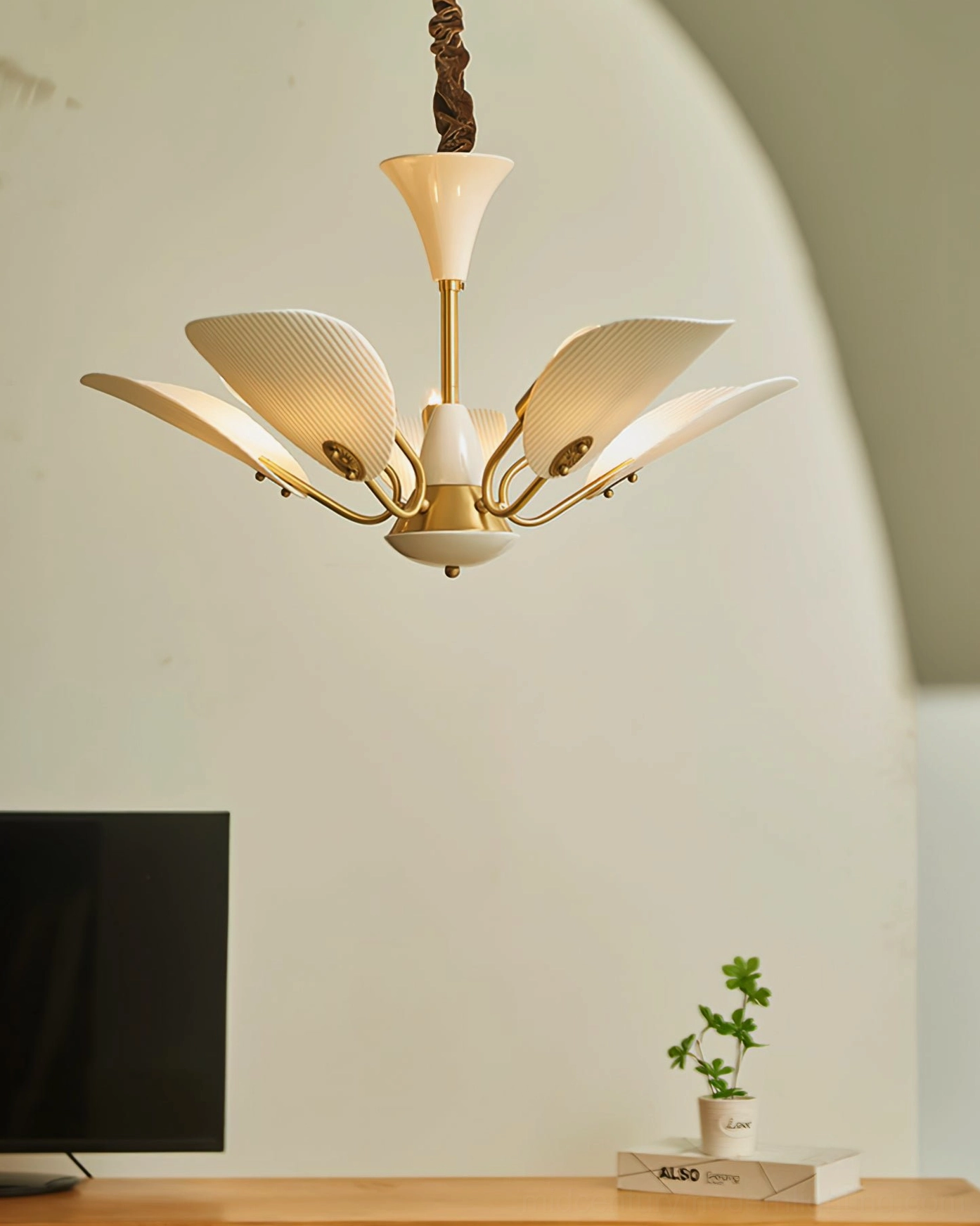 Franco ceramic chandelier brass metalwork detail with ceramic accent elements and mid-century styling