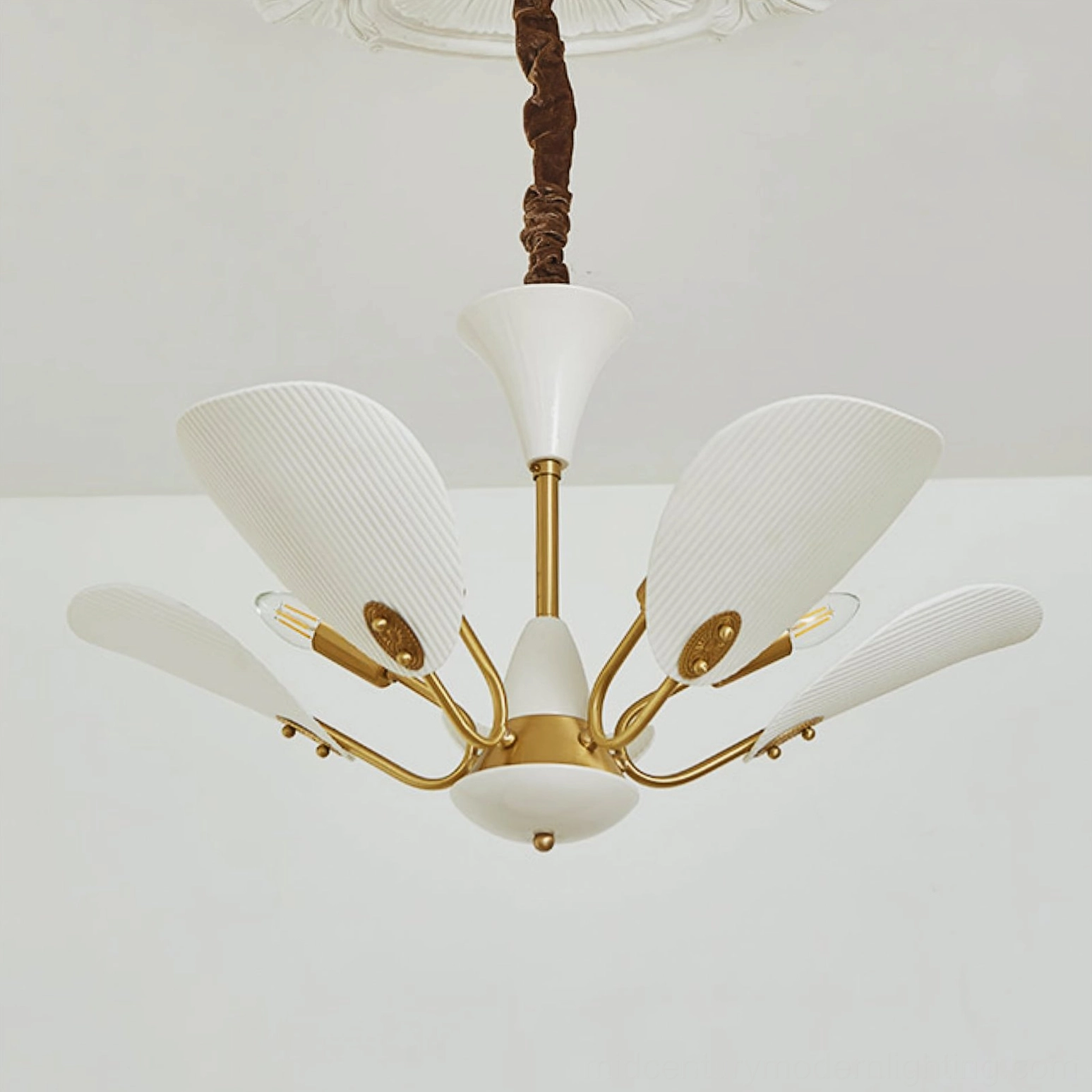 Franco ceramic petal chandelier five-head configuration in elegant dining or living space setting