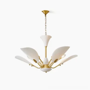 Franco ceramic petal chandelier full view with brass frame and pleated white ceramic shades on white background