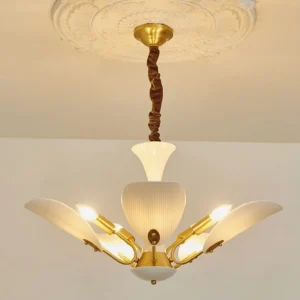 Franco ceramic chandelier installed in modern living room ceiling with warm Edison bulbs and twisted rope cord