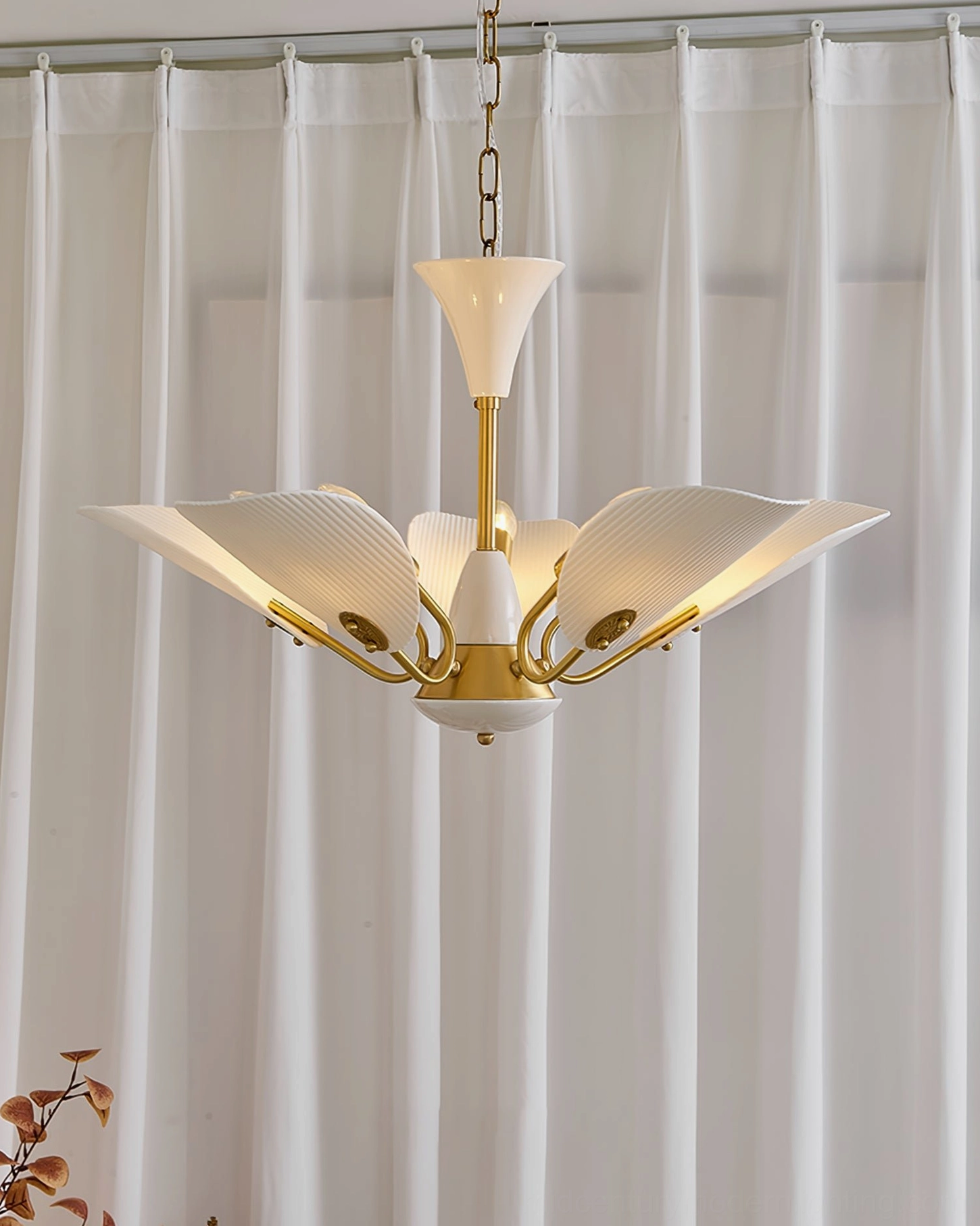 Franco ceramic petal chandelier overhead view showing petal arrangement and ceiling medallion installation