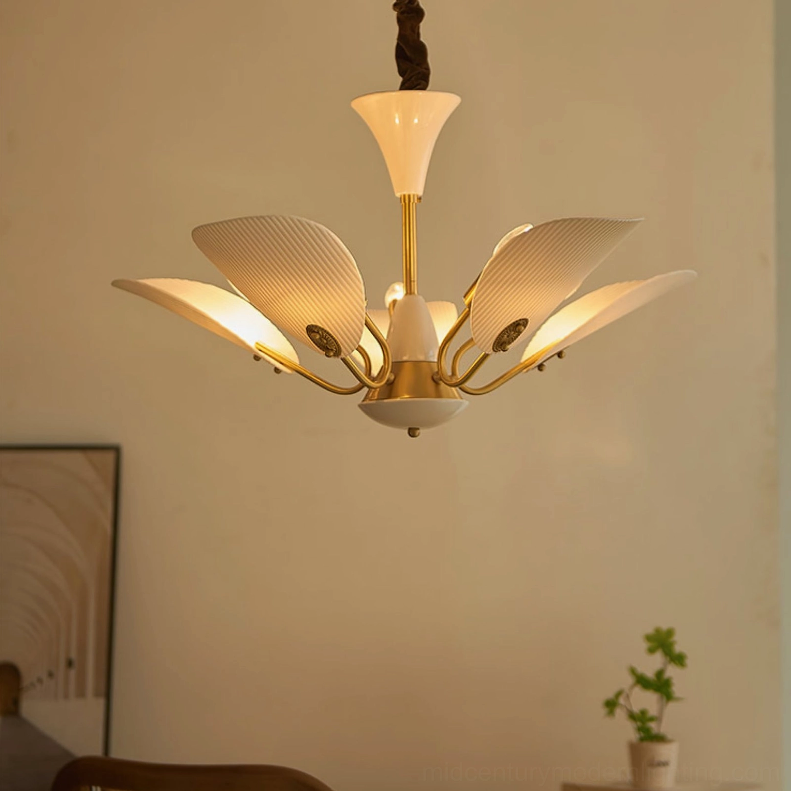 Franco ceramic petal chandelier product shot showing complete assembly and proportional design balance