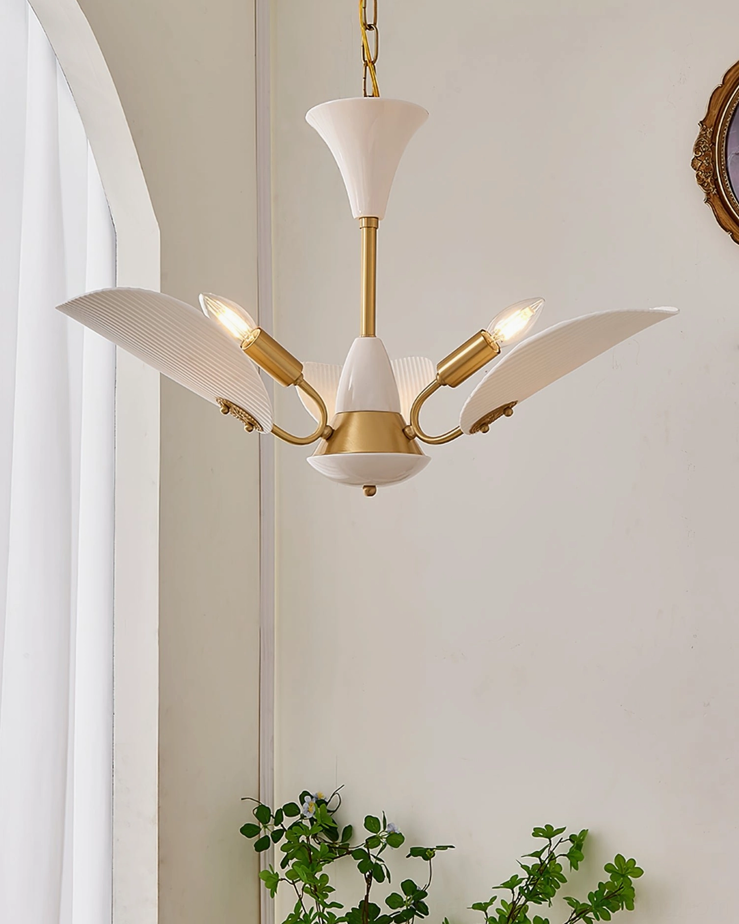 Franco ceramic petal chandelier showcase view highlighting ceramic craftsmanship and brass finish