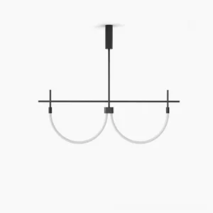 Freja minimalist arc pendant light with dual curved metal arms, matte black finish, front studio view against white background