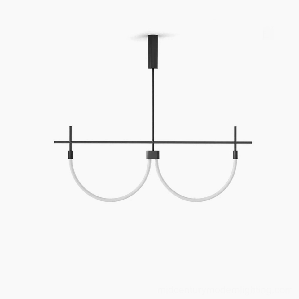 Freja minimalist arc pendant light with dual curved metal arms, matte black finish, front studio view against white background
