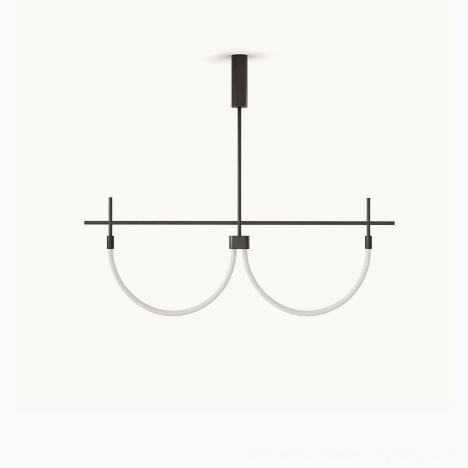 Freja dual arc minimalist pendant light Nordic sculptural design, warm neutral lighting, front view display