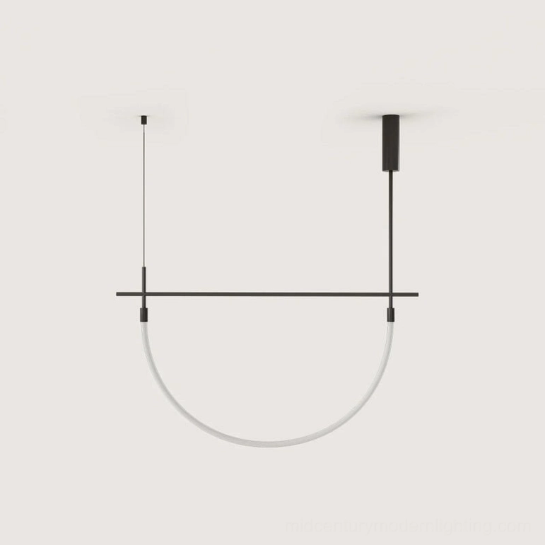 Freja single arc horizontal pendant light with minimalist Nordic hardware style, eye-level view against white background