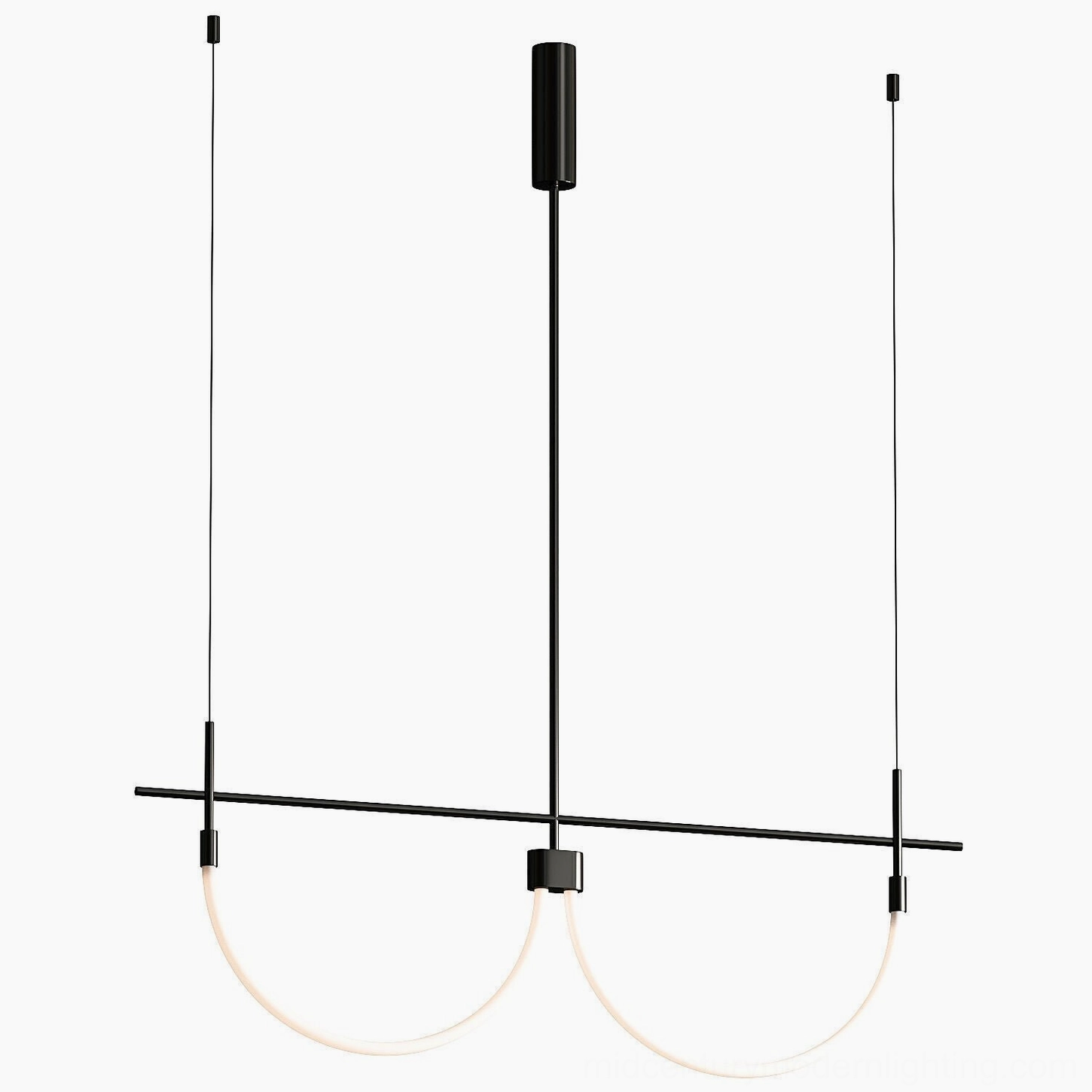 Freja multi-arc minimalist pendant light with matte black metal finish, sculptural geometry, studio front view