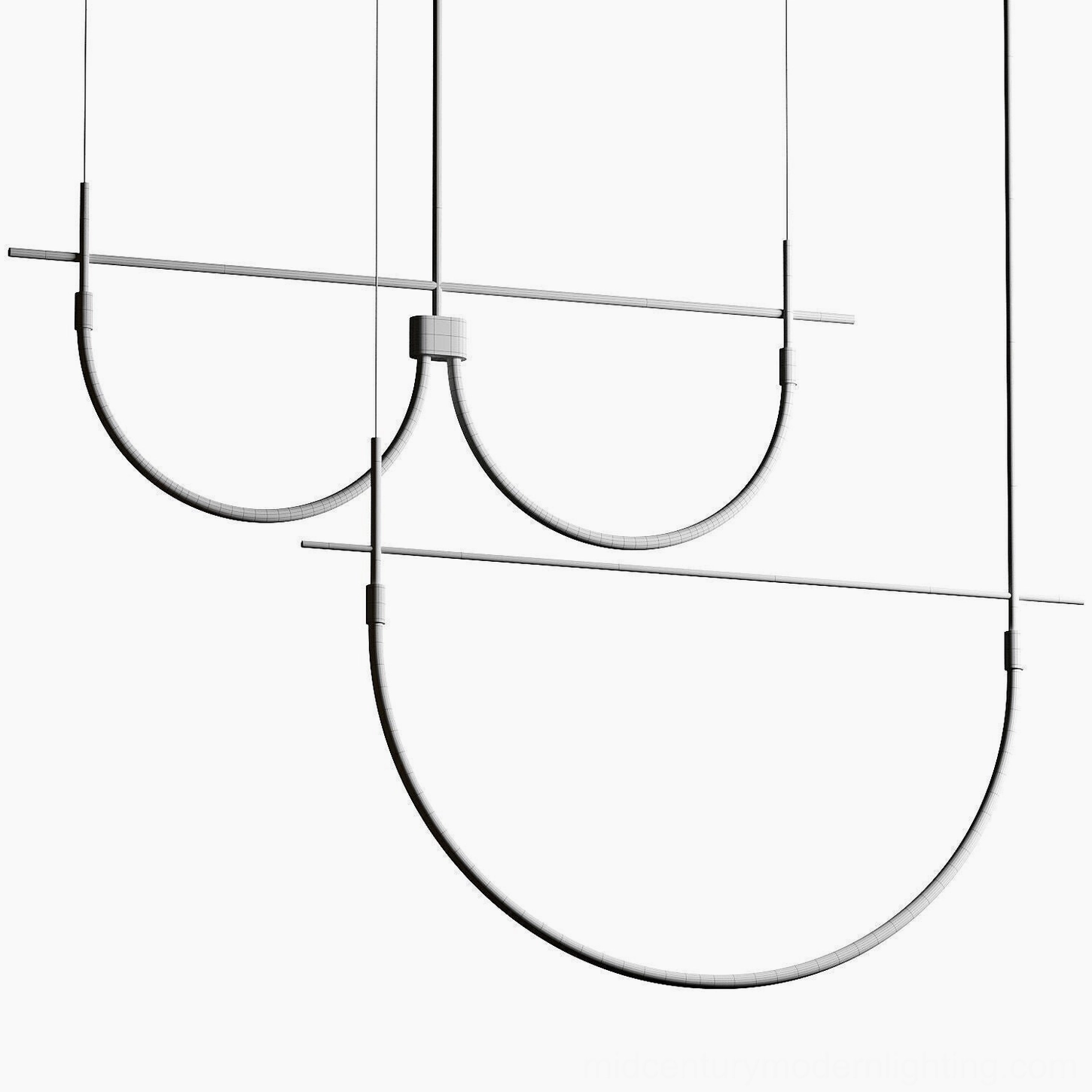 Freja triple arc combined pendant light with minimalist industrial black metal style, studio display against white background